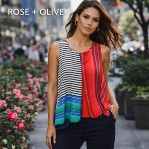 Rose + Olive Colorblock Striped Sleeveless Top | Mixed Print Asymmetrical Hem